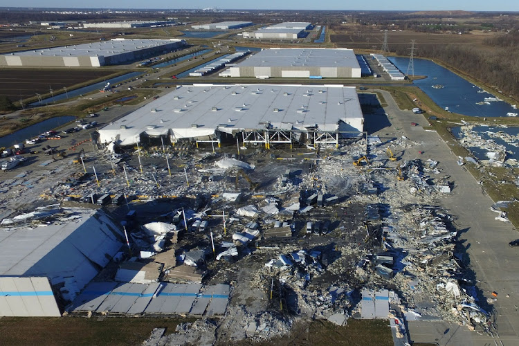 The site of a roof collapse at an Amazon.com distribution centre a day after a series of tornadoes dealt a blow to several US states, in Edwardsville, Illinois, the US, December 11 2021. Picture: DRONE BASE/REUTERS