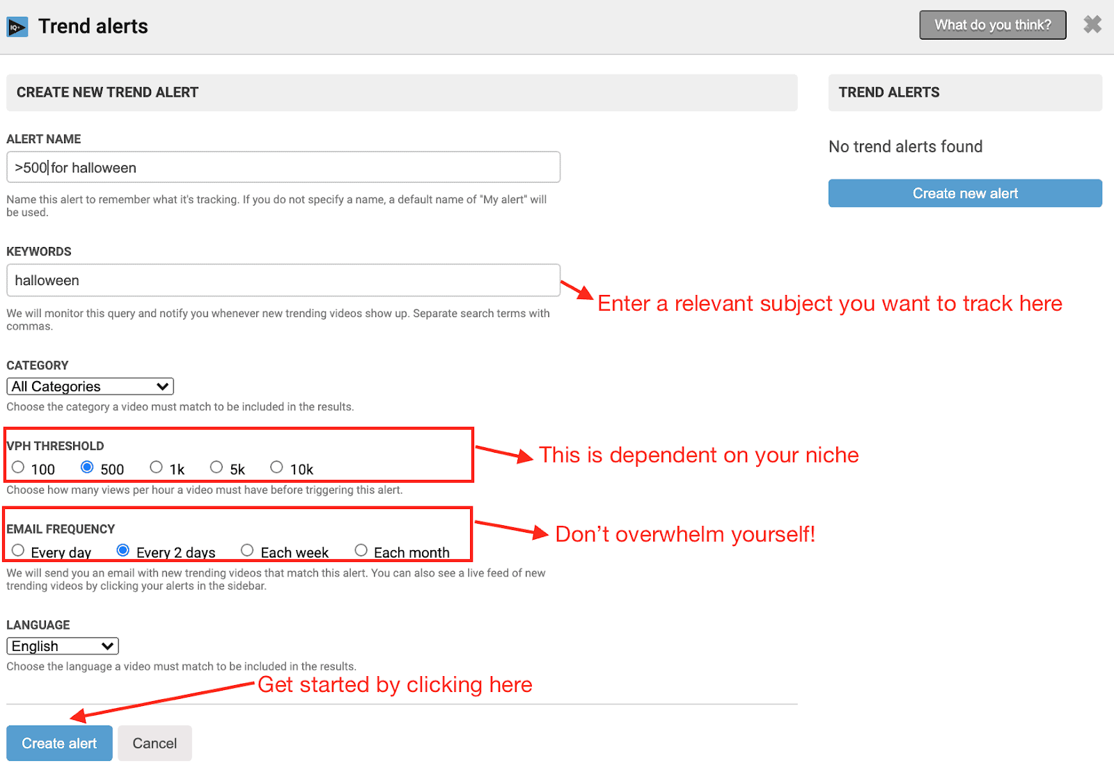 圖片顯示如何創建一個新的趨勢警報。輸入一個相關的主題，根據你的細分市場選擇一個VPH閾值，選擇一個電子郵件頻率，然後點擊創建警報