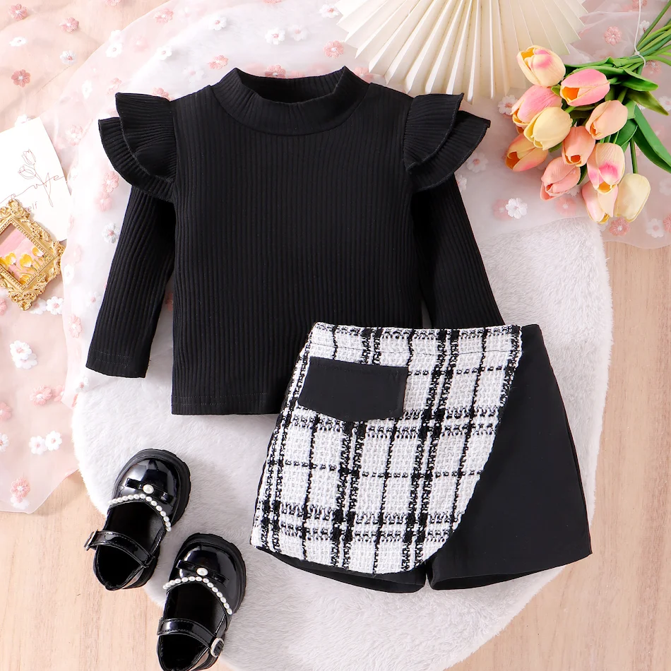 Modischer Mädchen Rock Set Einfarbig Gestreift Langarm Klassischer Stil Culottes Zweiteiler Set Perfekt für stilvolle Mädchen.