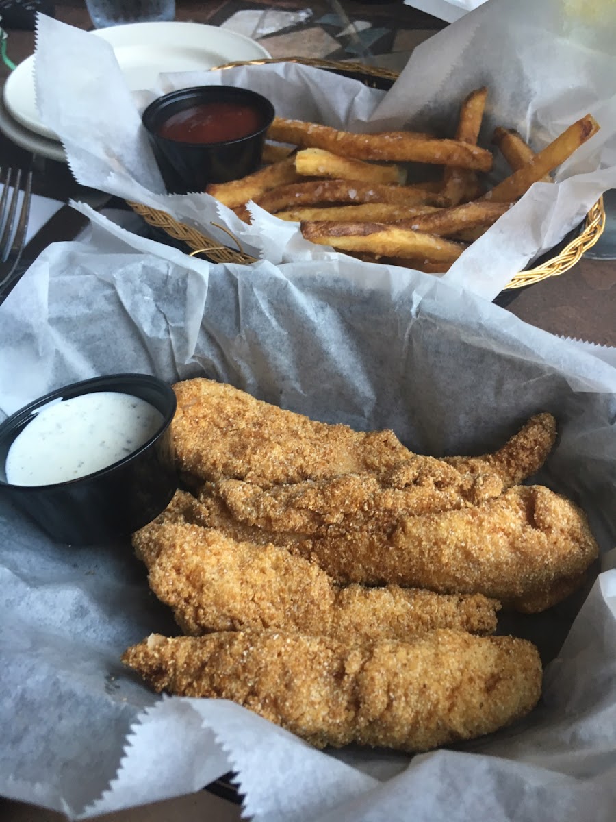 Chicken tenders and fries - dedicated fryer. Cornmeal breading