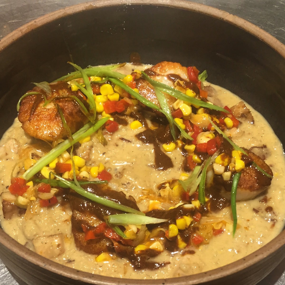 Sweet corn risotto with scallops and ancho chili