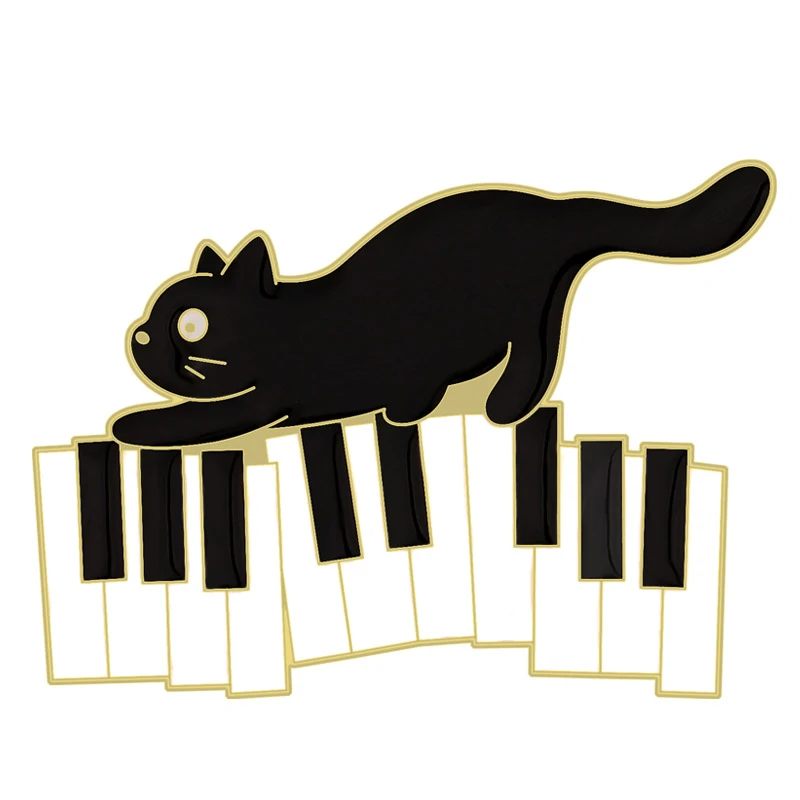 Precioso Broche de Aleación con Notas Musicales y un Gato Negro Tierno para Amantes del Piano y un Toque de Elegancia en tu Solapa.