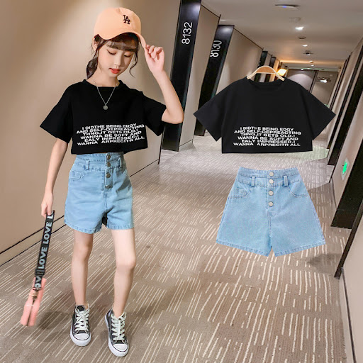Title 6, Girls round neck t-shirt and denim shorts two-...