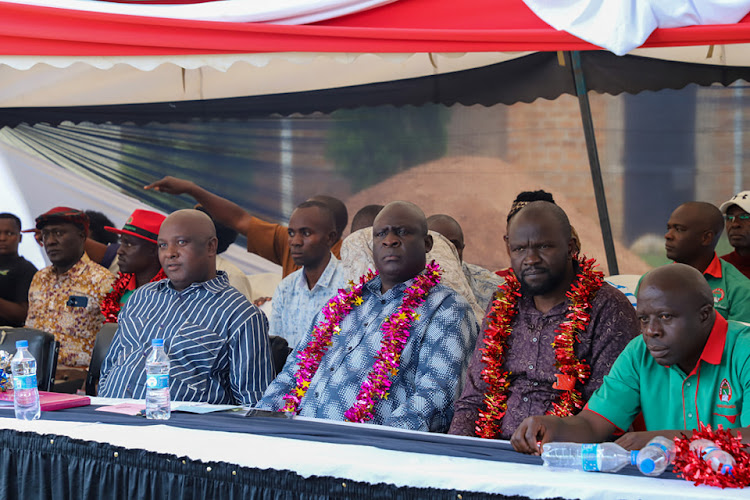 Vihiga Senator Godfrey Osotsi, Emuhaya Mp and Kuppet chairman Omboko Milemba and Luanda Mp Omboko Millemba during the KNUT AGM in Emuhaya