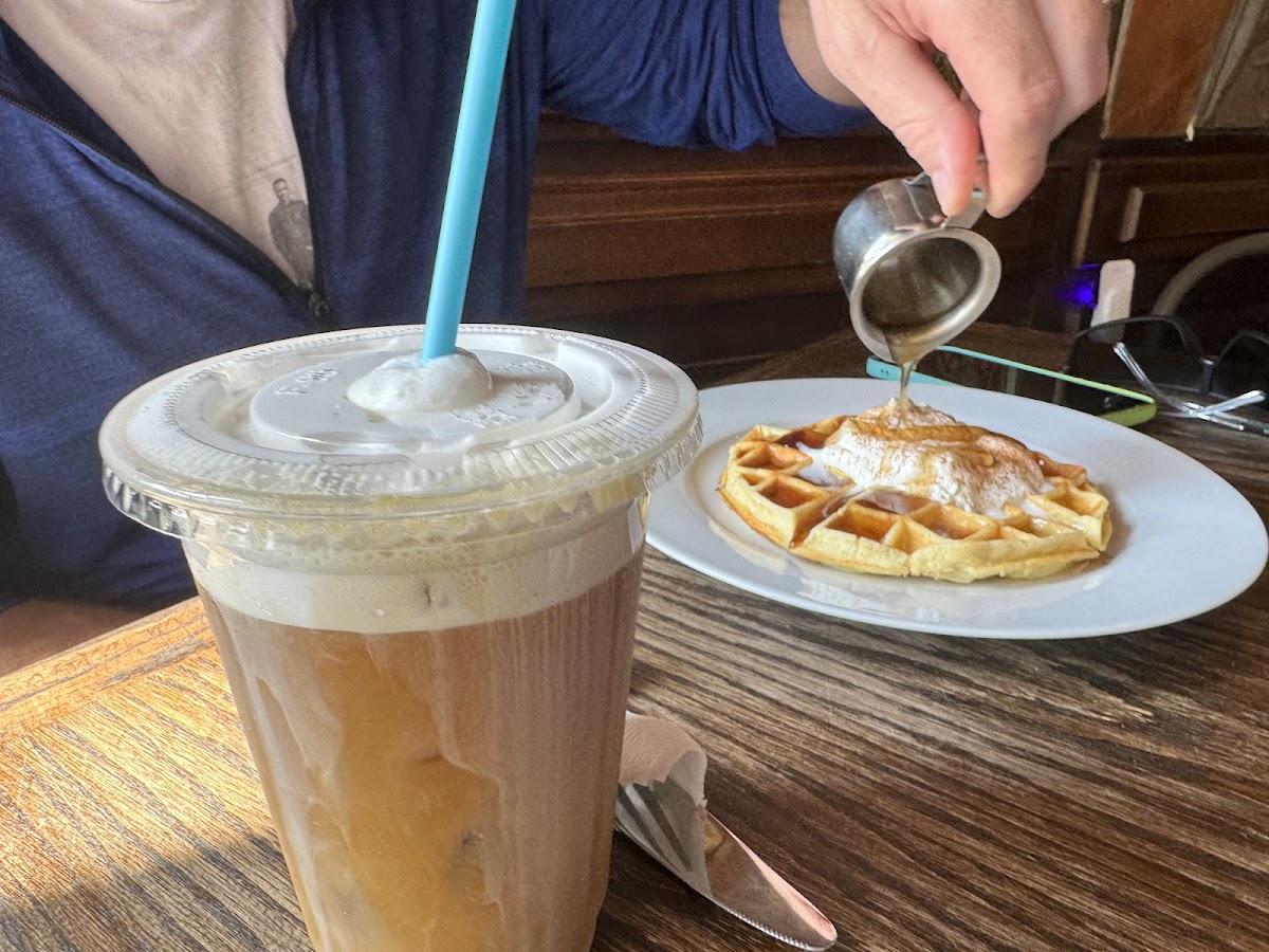 Keto waffle with sugar free syrup and ice coffee