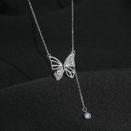 Title 7, S925 Silver Hollow Butterfly Necklace with Rhin...