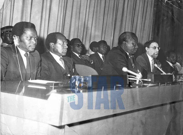 Retired President Daniel Moi addressing leaders from various African countries. With him are Nicholas Biwott (L) and Robert Ouko in this undated photo.