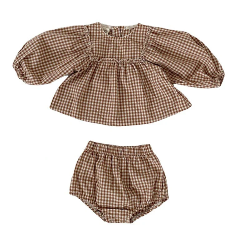 Meisjes Western Style geruite poffmouw poppen top met scheet broek pak. Schattig en comfortabel voor dagelijks gebruik.