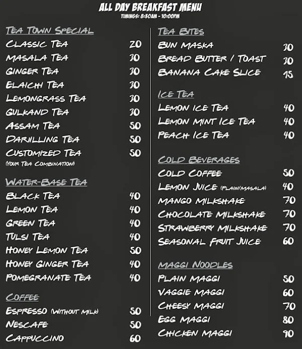 Tea Town menu 