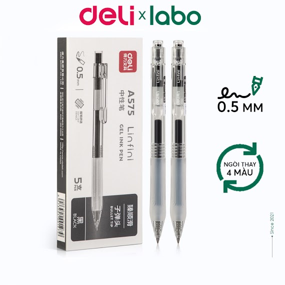 Bút Deli A575 Mực Gel Labo Đầu Bấm Ngòi 0.5 Có Ruột Bút Thay Thế