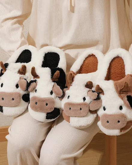 New Unisex Women Cute Cartoon Cow Warm Plush Slippers Cou... - 2