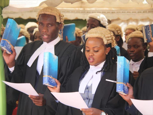 Some of the 124 lawyers admitted to the Roll of Advocates by Chief Justice David Maraga at the Supreme Court last year.