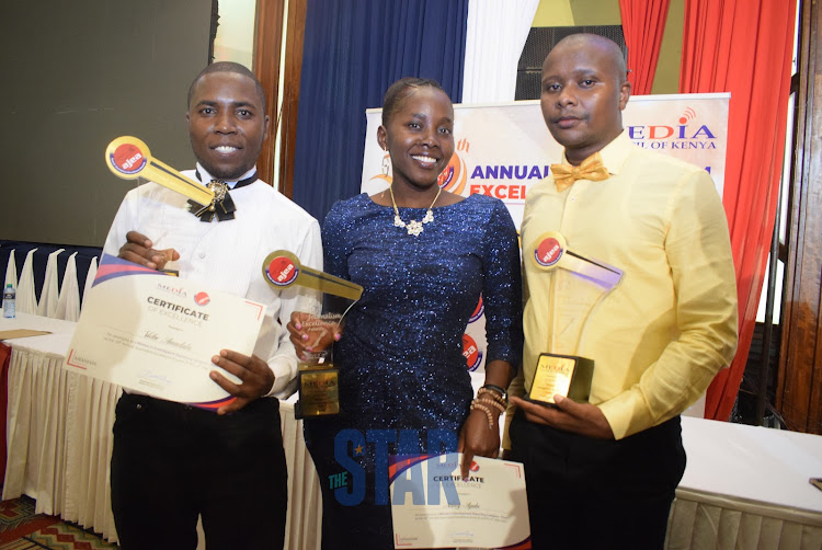 Business reporter Victor Amadala, Senior Digital Reporter Nancy Agutu and Environment reporter Gilbert Koech at AJEA awards 2022.