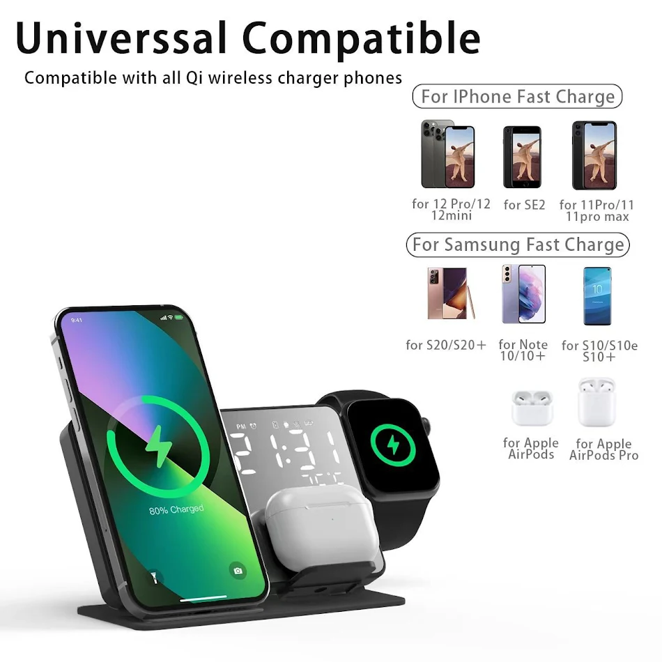 4-in-1 Wireless Charger for Phone, Headset, Smart Watch. Simplify your charging with one device. Charge all your devices