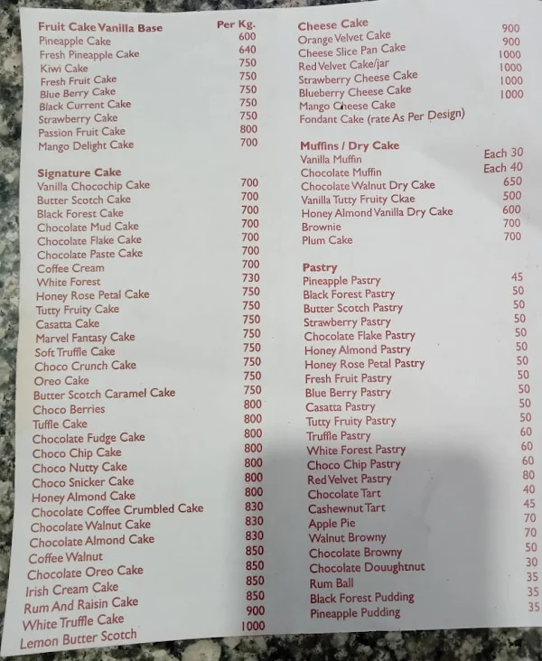 Cake Castle menu 