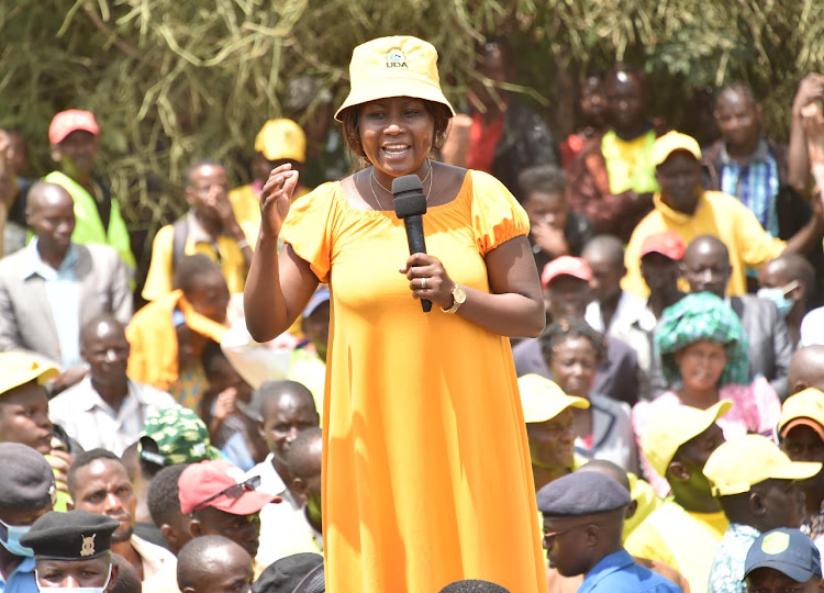 Nominated MP Cecily Mbarire speaking during the Kenya Kwanza rally in Embu county on February 19, 2022.