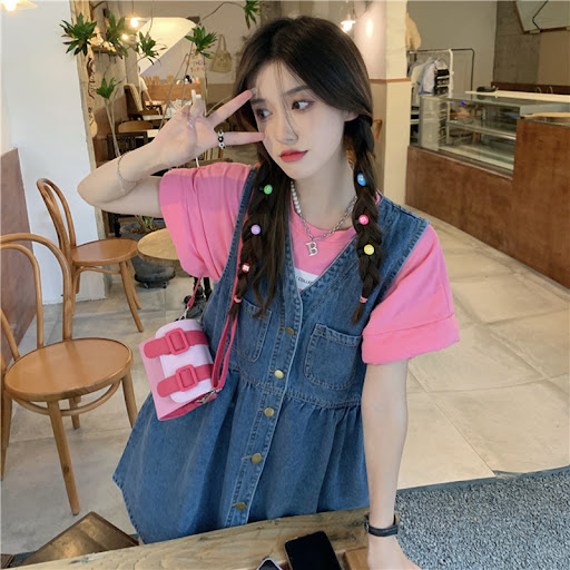 Title 5, Thin V-Neck Cute Denim Strap Dress