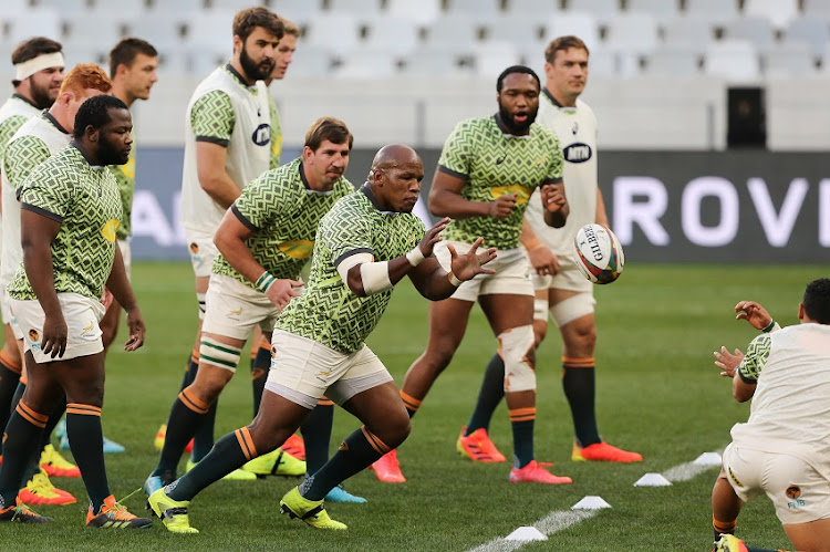 Bongi Mbonambi of the Springboks busy with warmups during the Castle Lager Lions Series 1st Test match between South Africa and British and Irish Lions at Cape Town Stadium on July 24, 2021 in Cape Town, South Africa.