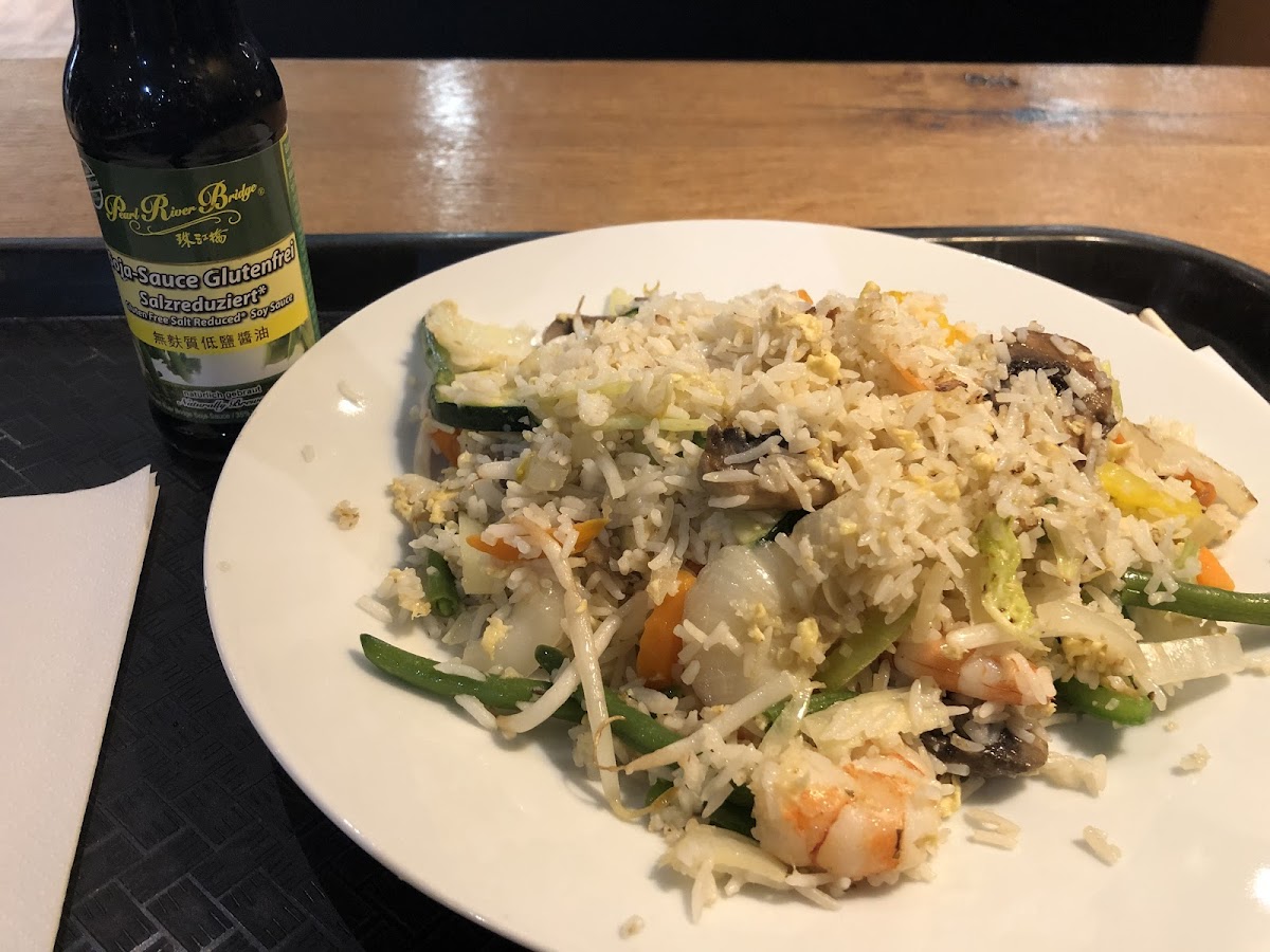 Fried rice with gluten free soy sauce served on the side