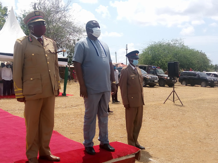 Kwale county commissioner Karuku Ngumo with Governor Salim Mvurya during Mashujaa Day celebrations in Lunga-Lunga on Tuesday, October 20, 2020.