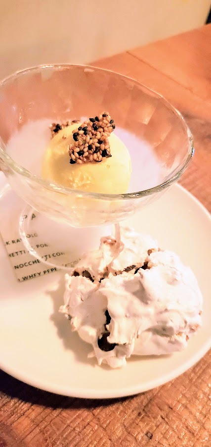 A Dinner at Monteverde in Chicago, toasted sesame ice cream, served up with a coconut-chocolate forgotten cookie