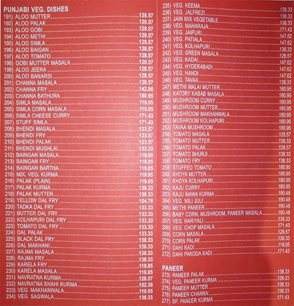 Vrindavan menu 