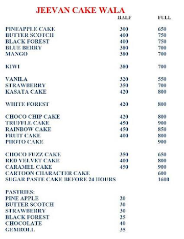 Jeevan Cake Wala menu 