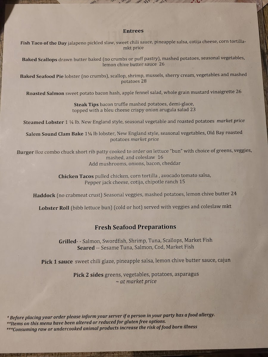 Sea Level Oyster Bar gluten-free menu