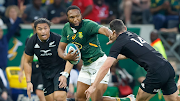The Springboks' Lukhanyo Am on the charge in the Rugby Championship match against the All Blacks at Mbombela Stadium.