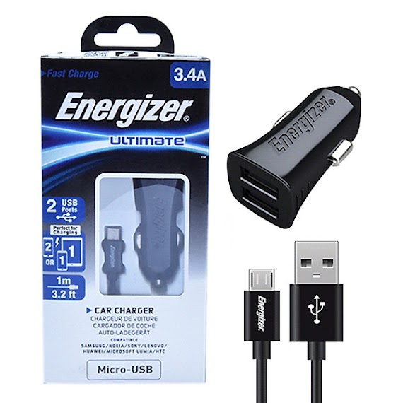 Bộ Sạc Xe Hơi Energizer Micro USB 2 Cổng 3.4A DCA2CUMC3 - Hàng Chính Hãng