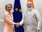 India's Prime Minister Narendra Modi shakes hands with European Commission President Ursula von der Leyen before their meeting in New Delhi, India April 25, 2022.  