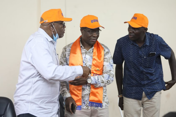 Changamwe MP Omar Mwinyi, Ugunja's Opiyo Wandayi and Changamwe ODM chairman Martin Oyoo at the Mwidani Technical Training Institute on Saturday, July 31, 2021