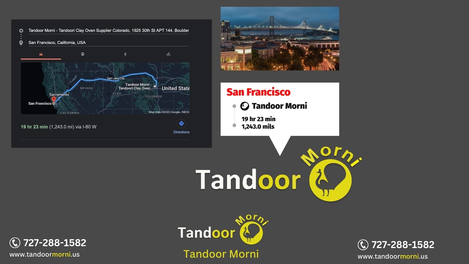 The illustration displays the travel time from Colorado to a number of cities, including Los Angeles, San Francisco, San Diego, San Jose, Sacramento, Fremont, Oakland, Irvine, Santa Clara, Mountain View, Sunnyvale, Palo Alto, Bakersfield, Fresno, Anaheim, Long Beach, Santa Monica, Berkeley, Pleasanton, or Riverside. In all of California's cities, tandoori is available for purchase.