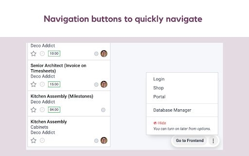 Navigation buttons quickly navigate Timesheets) Login Assembly (Milestones) Assembly Cabinets 