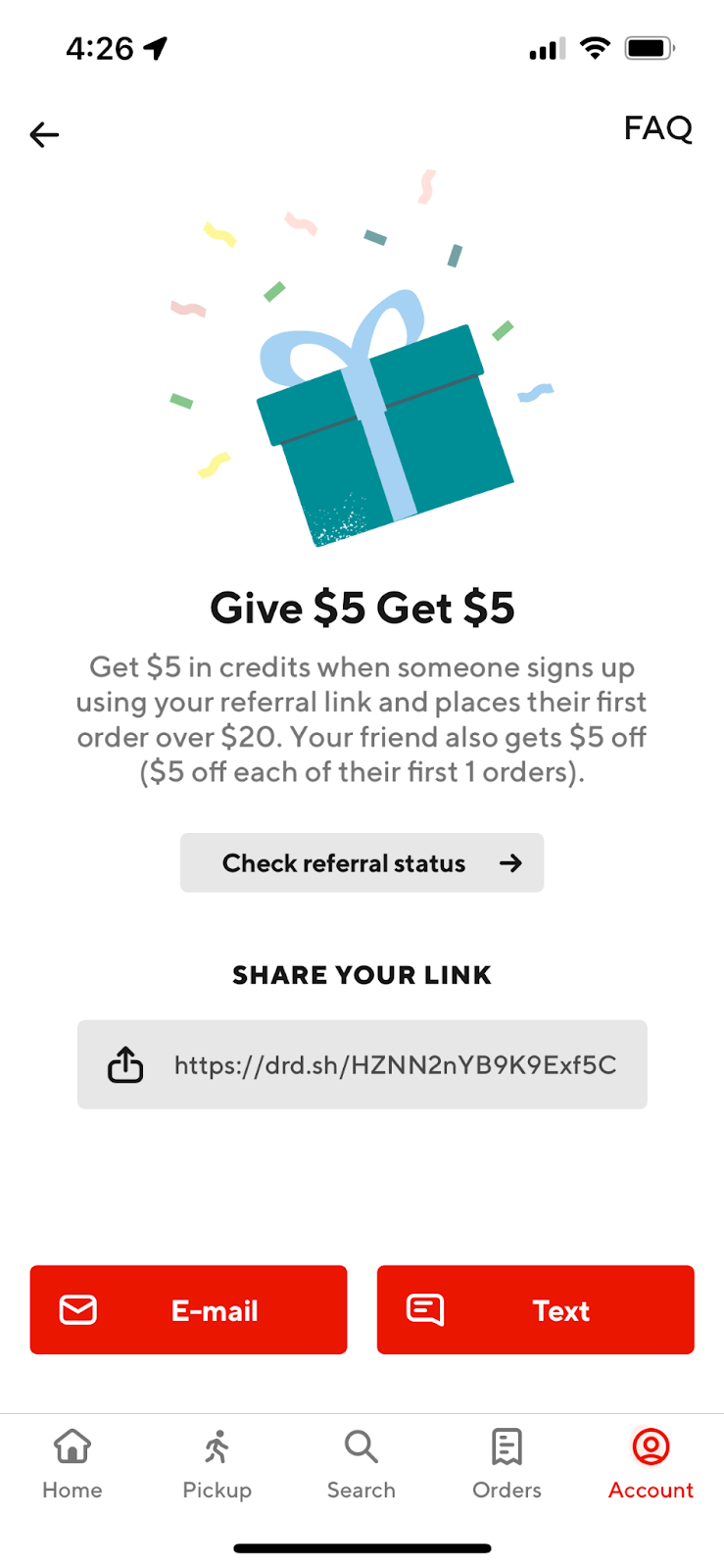 screen shot showing $5 referral bonus for DoorDash