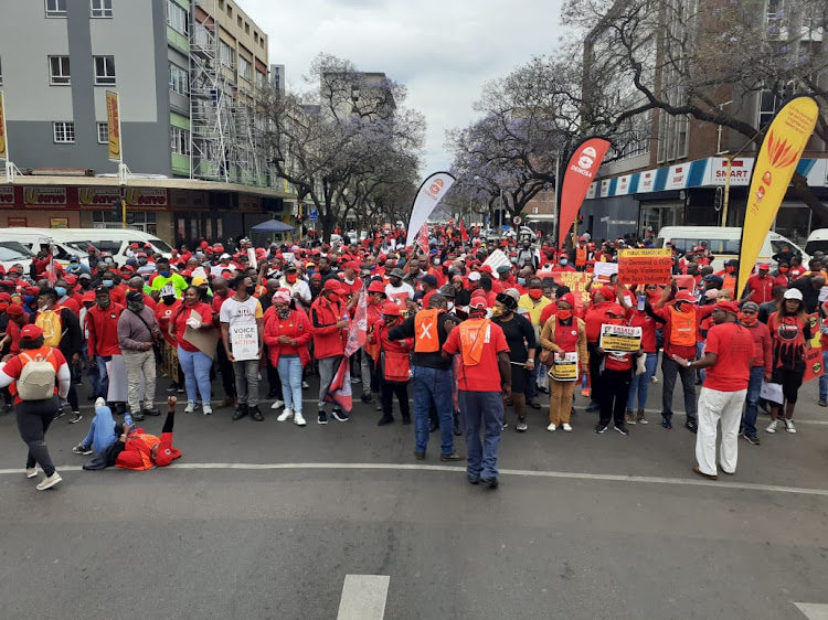 Cosatu members march through the streets of the Pretoria CBD to the National Treasury during the trade union federation's day of national action.
