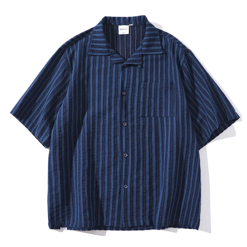 Chemise à manches courtes rayée style ethnique Amekaji rétro japonais, pour un look vintage décontracté et confortable, parfaite pour l'été