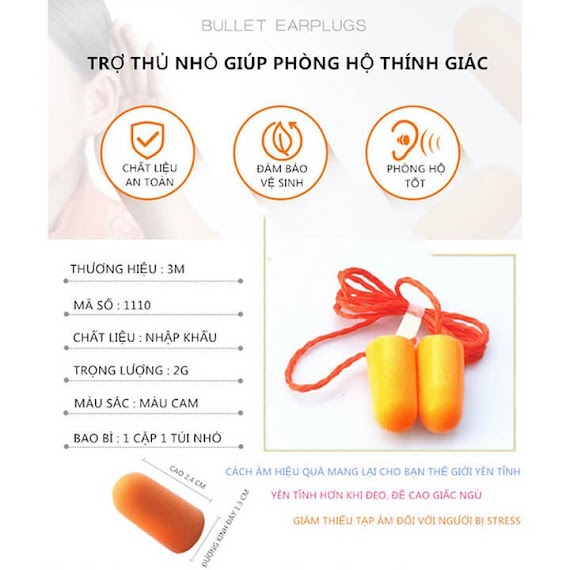 Nút Bịt Tai Chống Ồn Cao Cấp 3M 1110 Có Dây Đeo, Êm Tai Không Đau Nhức Mềm Mại Khi Đeo - Chika