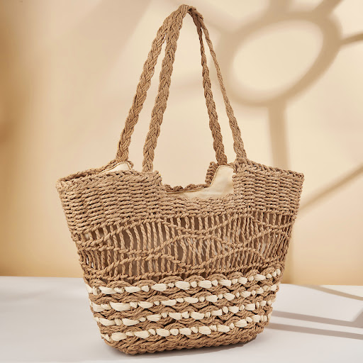 Title 2, Hollow Pattern Straw Handbag Beach Shoulder Wov...