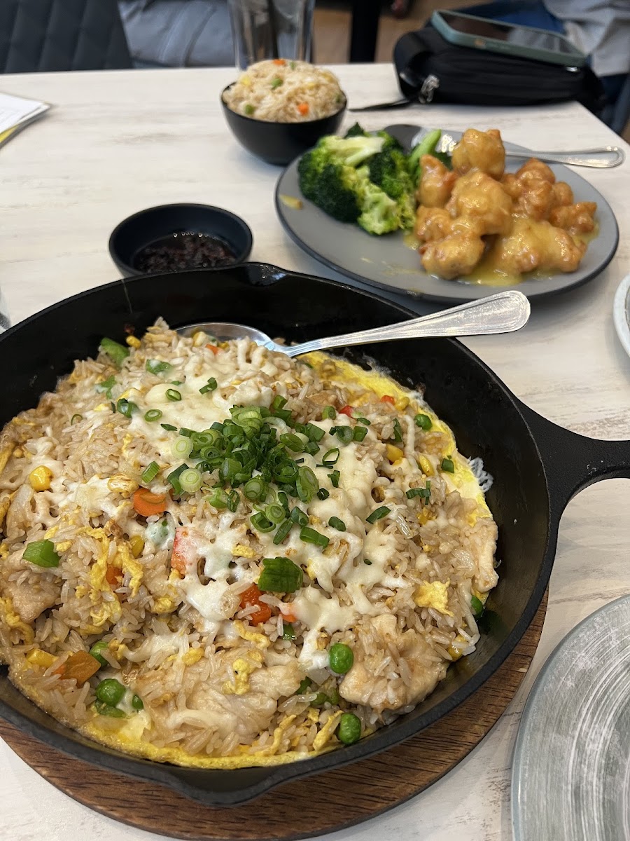 Gf chicken fried rice. Dish in the back is NOT gf