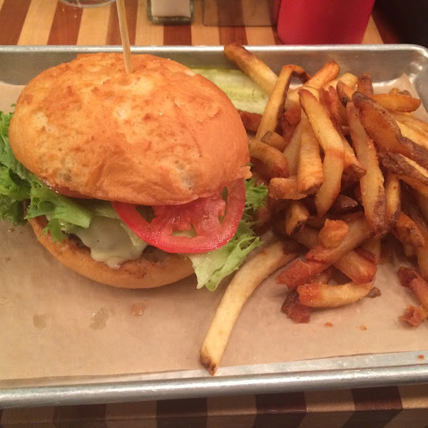 1/2 pounds burger with pepper jack cheese and French fries! And of course a gluten free bun that was very moist and did not fall a part :)