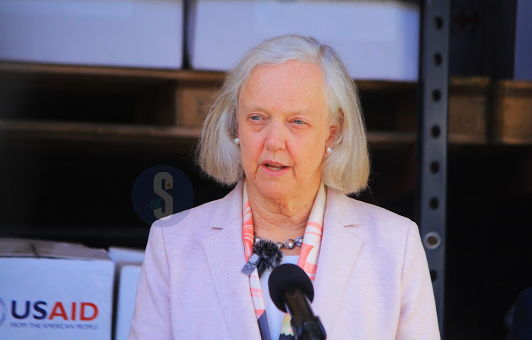 US ambassador to Kenya Meg Whitman addresses the press at the Kenya Redcross Warehouses in Nairobi South c area after donating food that will aid victims affected by Floods on December 19, 2023.