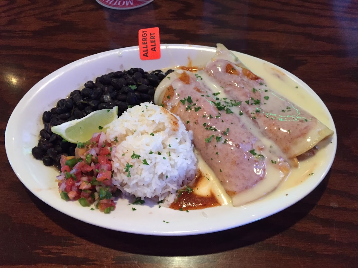 GFree Seafood enchiladas - notice the 'allergy alert' tag!