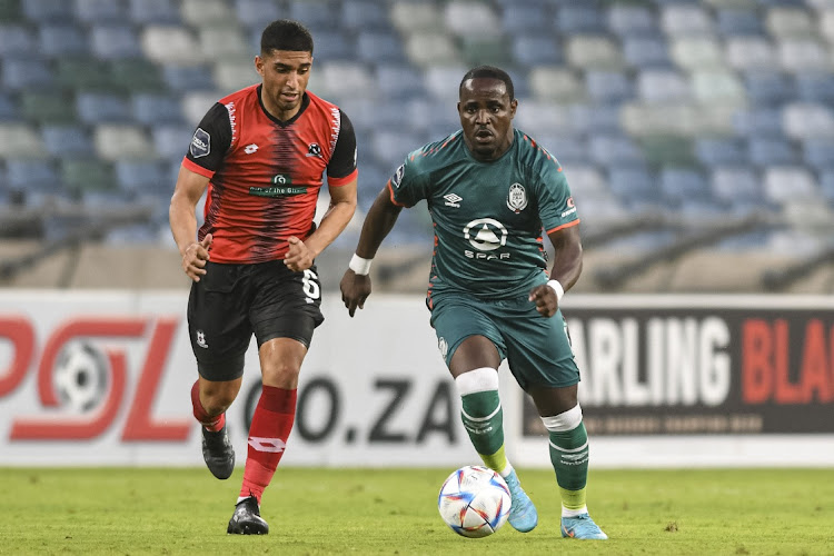 Gabadinho Mhango of AmaZulu FC and Travis Graham of Maritzburg United during the DStv Premiership match between AmaZulu FC and Maritzburg United.