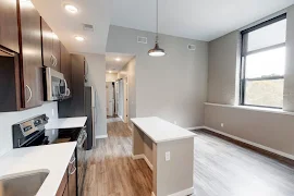 Upscale living room and kitchen with wood-inspired flooring and large windows