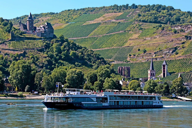 Avalon Artistry II passes Stahleck Castle, a 12th-century fortified castle in the Upper Middle Rhine Valley, Germany.