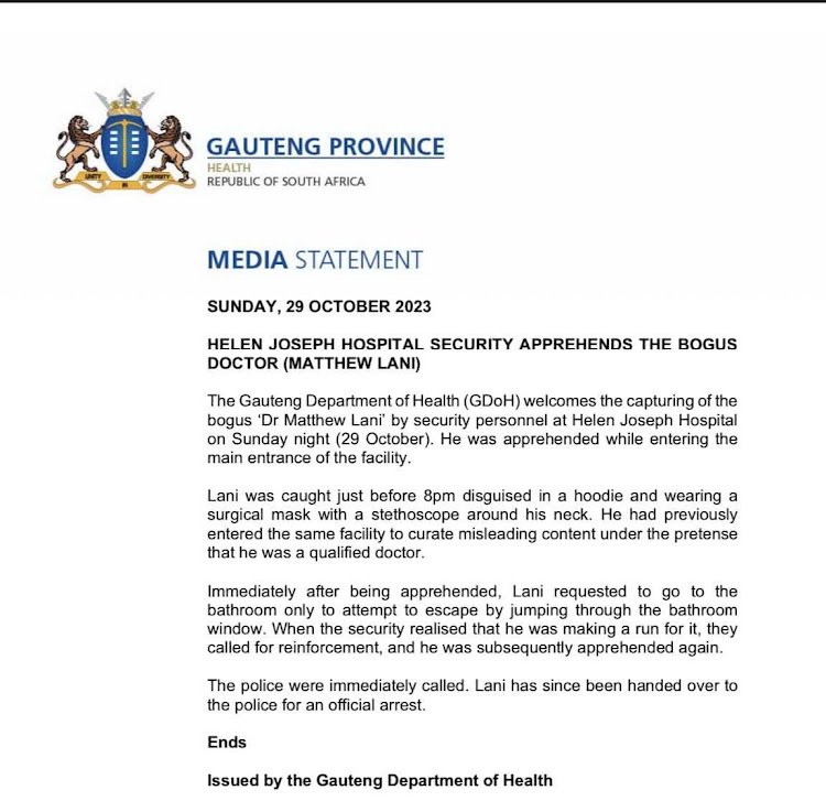 Statement from the provincial health department