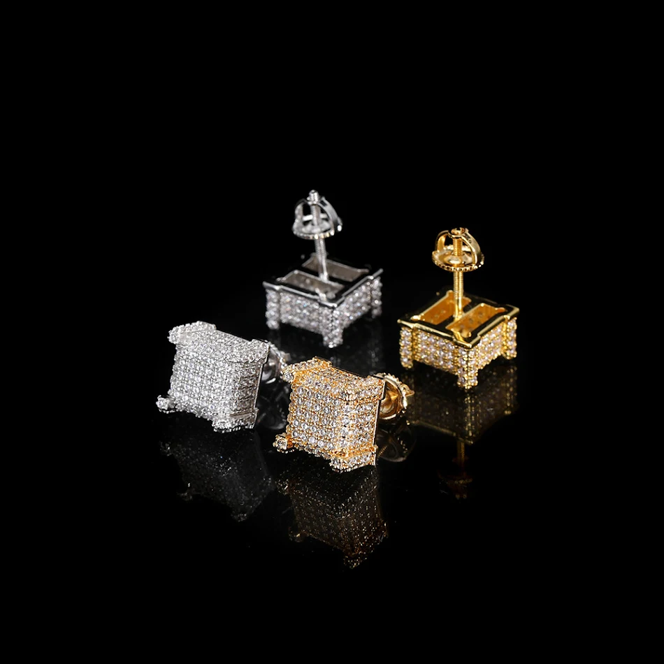 Clous d'oreilles carrés en zircon micro-incrusté style hip hop européen, pour un look tendance et original.