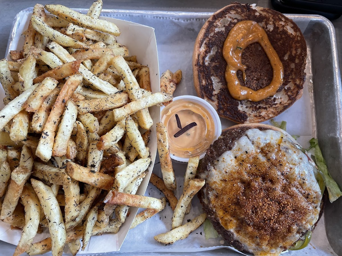 Wicked Hangry Burger on gf bun with truffle fries (large) which are gf