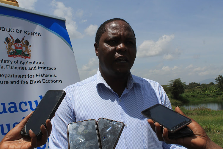 Aquaculture Business Development Programme coordinator Sammy Macharia at Kamuthanga Fish Farm in Kathiani, Machakos county, on Wednesday, February 24.